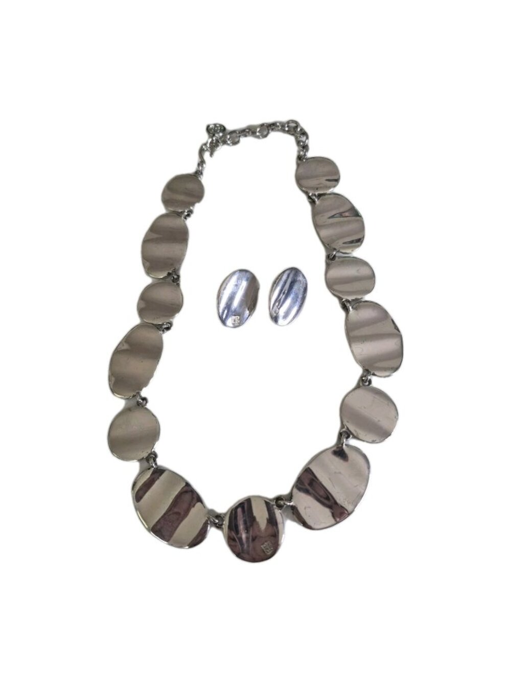 GIVENCHY Rare Estate Vintage Logo Silver Tone Wavey Disc Necklace Earring Set